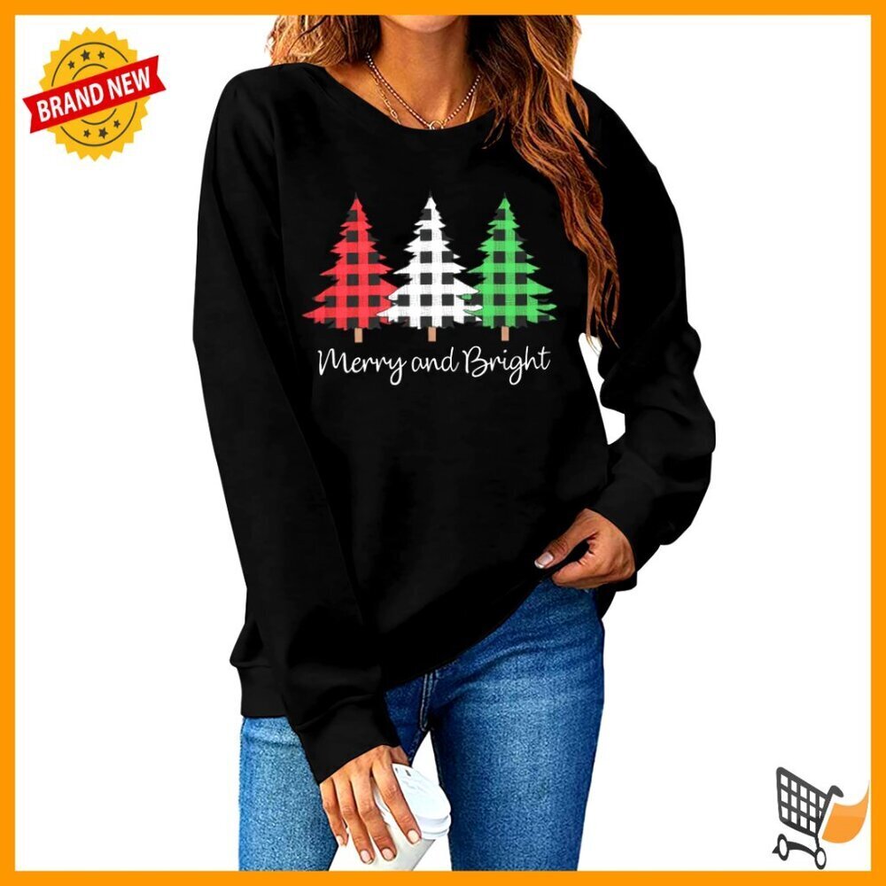 Leopard Plaid Christmas Tree Graphic Pullover Sweatshirt Long Sleeve Top